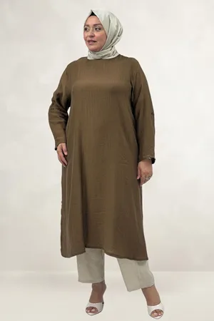 68077 Büyük Beden.Yanları Yırtmaçlı Double Tensel Tunik - Taba