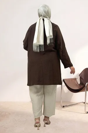 63016 Büyük Beden Mostralı Blazer Double Tensel Ceket - Kahve