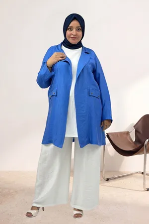 63016 Büyük Beden Mostralı Blazer Double Tensel Ceket - İndigo
