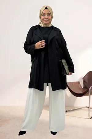 63016 Büyük Beden Mostralı Blazer Double Tensel Ceket - Siyah