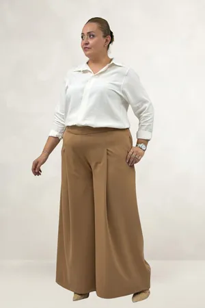 69020 Büyük Beden Beli Lastikli Double Etek Pantolon - Taba