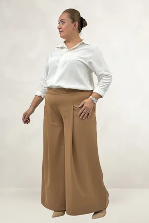 69020 Büyük Beden Beli Lastikli Double Etek Pantolon - Taba