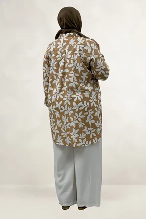 68094 Büyük Beden Manşetli Desenli Mango Tunik - Yaprak Desen Taba