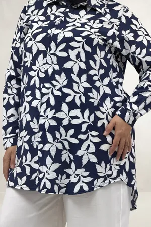 68094 Büyük Beden Manşetli Desenli Mango Tunik - Yaprak Desenli Lacivert