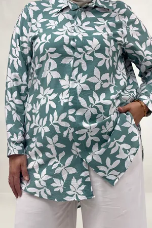 68094 Büyük Beden Manşetli Desenli Mango Tunik - Yaprak Desen Nefti