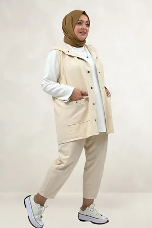 67057 Büyük Beden Yelek-Pantolon Nora Takım - Bej