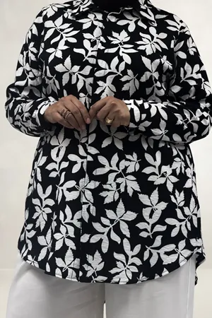 68094 Büyük Beden Manşetli Desenli Mango Tunik - Yaprak Desenli Siyah