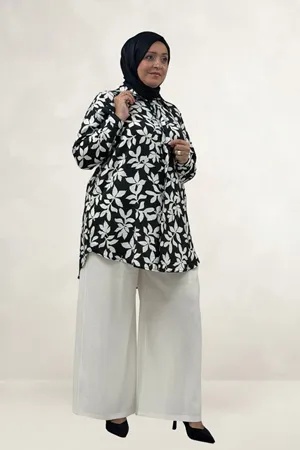 68094 Büyük Beden Manşetli Desenli Mango Tunik - Yaprak Desenli Siyah