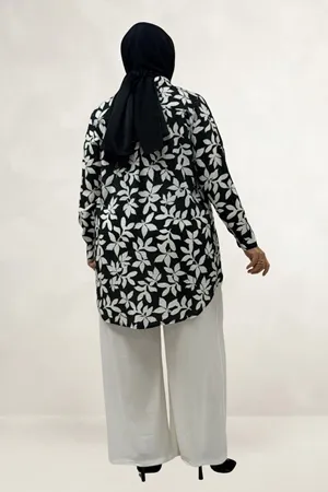 68094 Büyük Beden Manşetli Desenli Mango Tunik - Yaprak Desenli Siyah