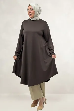 68090  Büyük Beden Modal Mevlana Tunik - Kahve