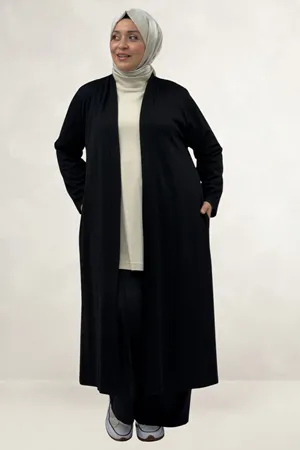 63022 Büyük Beden Modal Uzun Ceket - Siyah