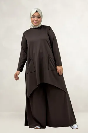 68086 Büyük Beden Eteği Oval Kesim Modal Tunik - Kahve
