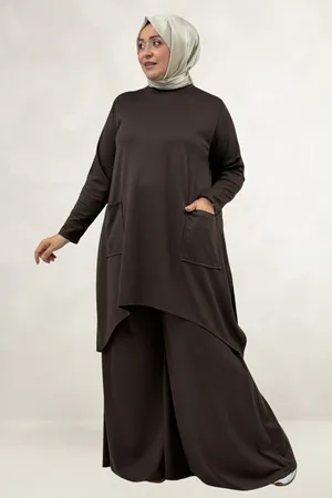 68086 Büyük Beden Eteği Oval Kesim Modal Tunik - Kahve