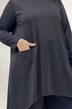 68086 Büyük Beden Eteği Oval Kesim Modal Tunik - Siyah