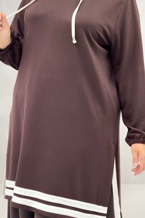 68098 Büyük Beden Şerit Detaylı Modal Tunik - Kahve