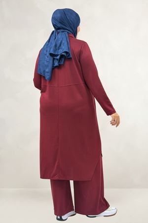 68097 Büyük Beden Çift Kordon Detaylı Modal Tunik - Bordo