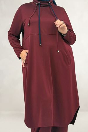 68097 Büyük Beden Çift Kordon Detaylı Modal Tunik - Bordo