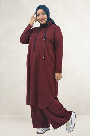 68097 Büyük Beden Çift Kordon Detaylı Modal Tunik - Bordo