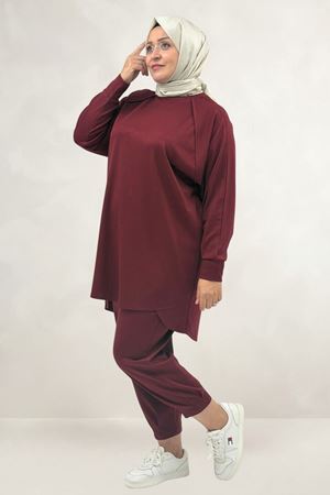 67075 Büyük Beden Eteği Parça Detaylı Modal Pantolonlu Takım - Bordo