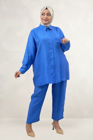 67068 Büyük Beden  Erkek Yakalı Double Liyosell Pantolonlu Takım - İndigo