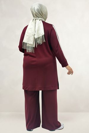 68099 Büyük Beden Önü Ve Kolları Beyaz Şeritli Taşlı Modal Tunik - Bordo