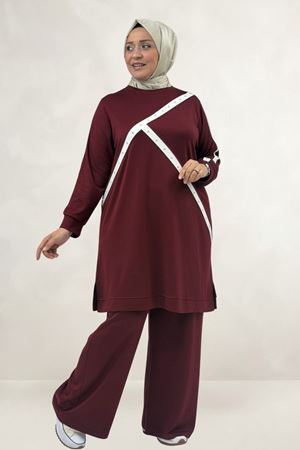 68099 Büyük Beden Önü Ve Kolları Beyaz Şeritli Taşlı Modal Tunik - Bordo