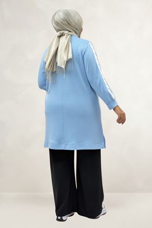 68099 Büyük Beden Önü Ve Kolları Beyaz Şeritli Taşlı Modal Tunik - Bebe Mavi