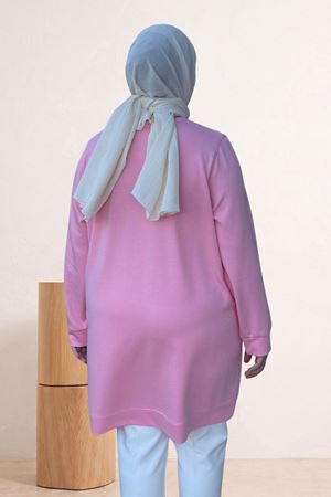 68052 Büyük Beden Kendi Kumaşından Ribanalı Modal Tunik - Pembe