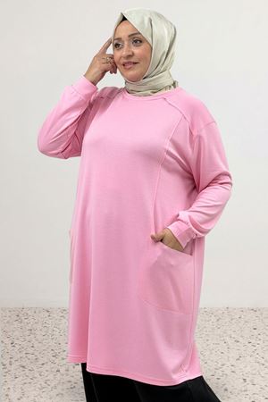 68105 Büyük Beden Yanları Cepli Modal Tunik - Pembe