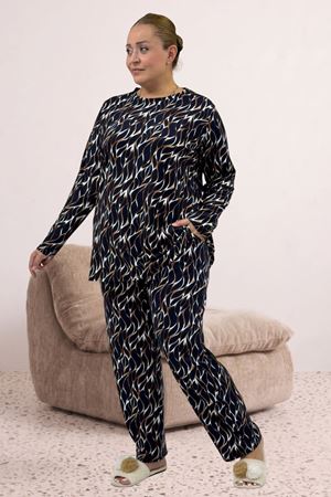 67810 Büyük Beden Uzunkol Desenli Süet Pantolonlu Pijama Takımı - Laci-Vizon Desenli
