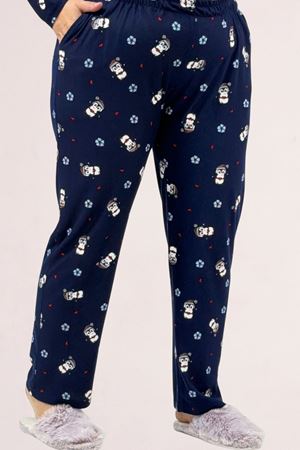 67810 Büyük Beden Uzunkol Desenli Süet Pantolonlu Pijama Takımı - Laci Penguen Desenli