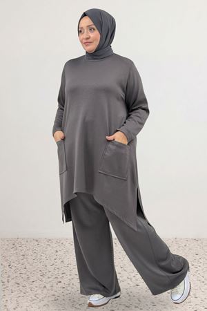68086 Büyük Beden Eteği Oval Kesim Modal Tunik - Antrasit