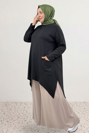 68086 Büyük Beden Eteği Oval Kesim Modal Tunik - Siyah