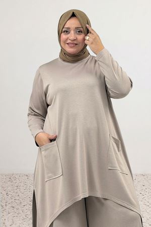 68086 Büyük Beden Eteği Oval Kesim Modal Tunik - Bej