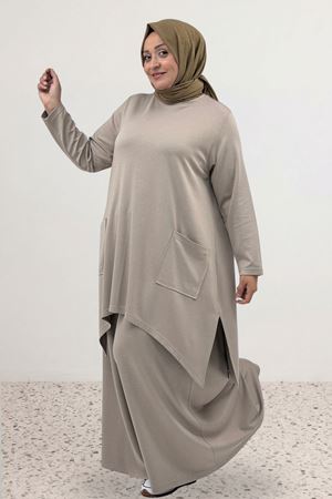 68086 Büyük Beden Eteği Oval Kesim Modal Tunik - Bej