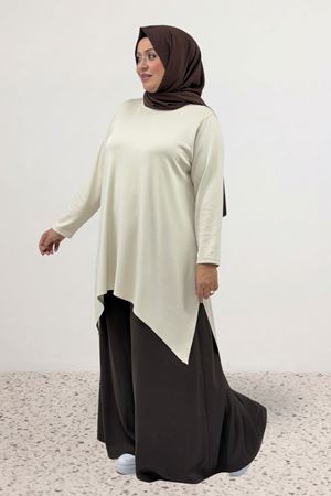68106 Büyük Beden Eteği Oval Kesim Modal Tunik - Krem