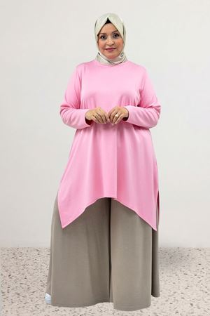 68106 Büyük Beden Eteği Oval Kesim Modal Tunik - Pembe