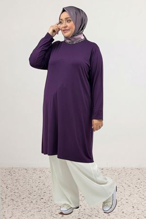 38501 Büyük Beden Basic Penye Tunik - Mürdüm