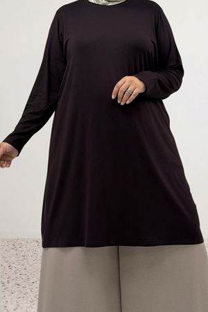 38501 Büyük Beden Basic Penye Tunik - Kahverengi