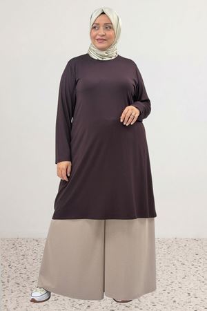 38501 Büyük Beden Basic Penye Tunik - Kahverengi