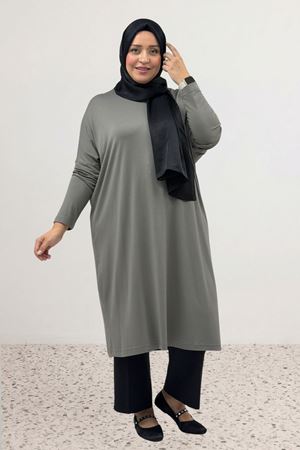28092 Büyük Beden Düşük Kol Penye Tunik - Antrasit