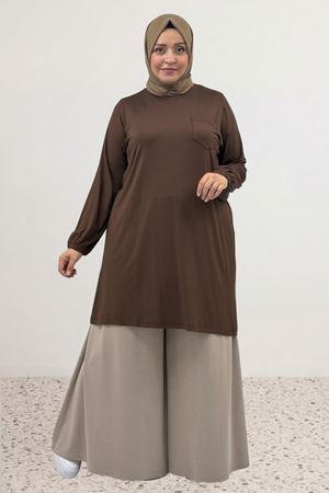 38014 Büyük Beden Basic Penye Tunik - Kahve