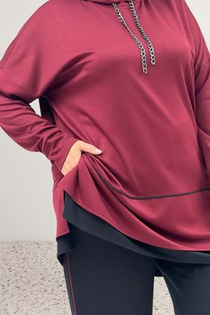 67080 Büyük Beden Renk Kombinli Modal Pantolonlu Takım - Bordo