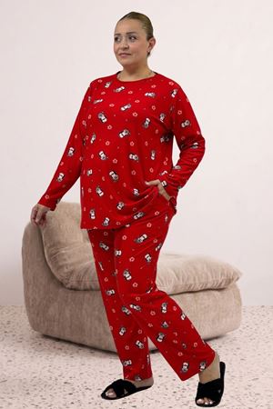 67810 Büyük Beden Uzunkol Desenli Süet Pantolonlu Pijama Takımı - Kırmızı Penguen Desenli