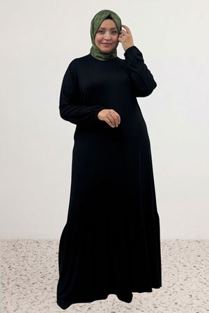 52034 Büyük Beden Eteği Fırfrılı Penye Elbise - Siyah