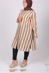 28098 Büyük Beden Çizgili Keten Gömlek -Hardal