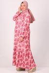 32024 Büyük Beden Etek Ucu Fırfırlı Bürümcük Elbise -  Yaprak Desen Pembe