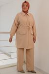 SHRNR470370 Büyük Beden Keten Airobin Belden Büzgülü Ceket Pantolonlu Takım - Bej 