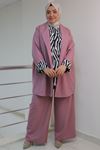 47308 Büyük Beden Burbery Krep Üçlü Takım - Gül Kurusu / Zebra