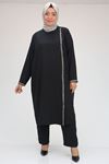 SHRNR470430  Büyük Beden Taş Baskı Detaylı Keten Airobin Pantalonlu Takım - Siyah